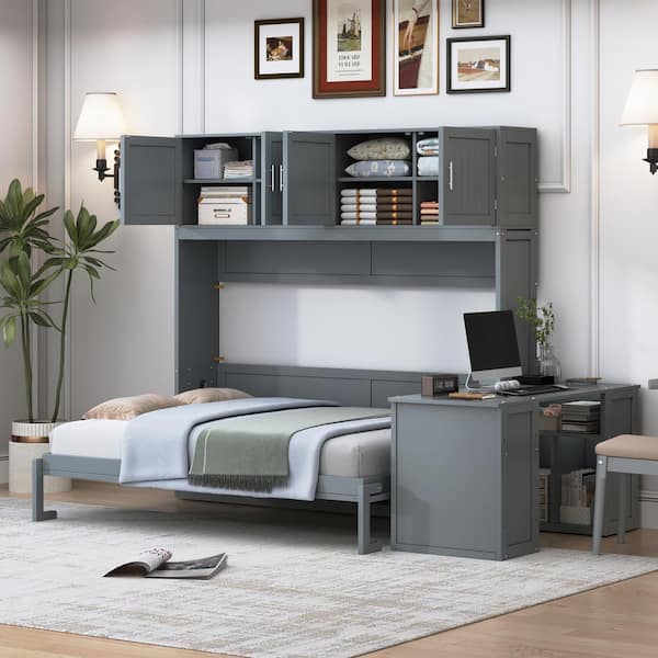 Harper & Bright Designs Gray Wood Frame Queen Size Murphy Bed Wall Bed with Desk, Cabinets, Shelves