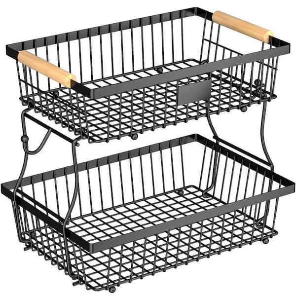 Black 2-Tier Iron Fruit Basket with Wooden Handle, 2 Banana Hangers and Countertop Storage Stand for Produce