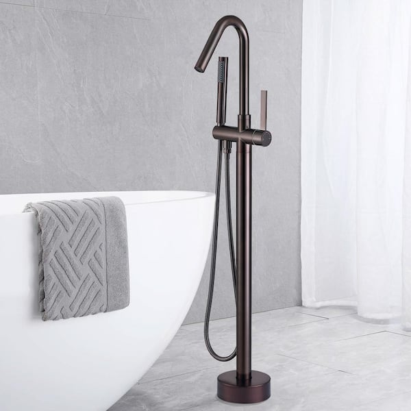 Single-Handle High Arch Floor Mount Freestanding Tub Faucet Bathtub Filler with Hand Shower in Oil Rubbed Bronze