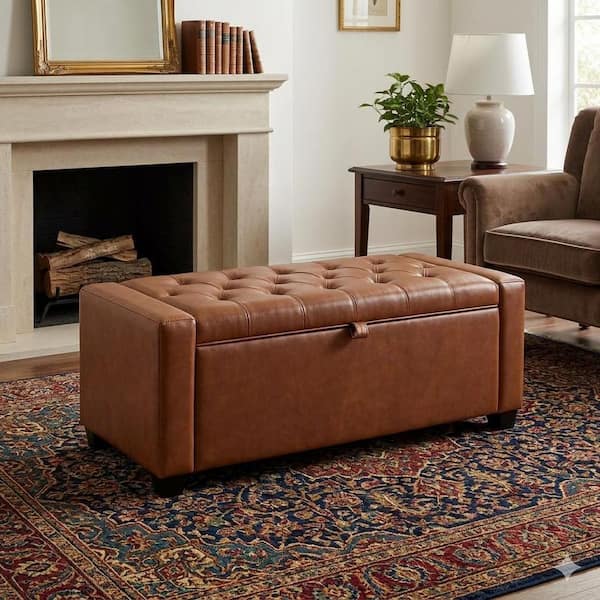 Transitional 43.30 in. Brown Faux Leather Upholstered Tufted Rectangle Storage Ottoman Bench with Wooden Frame