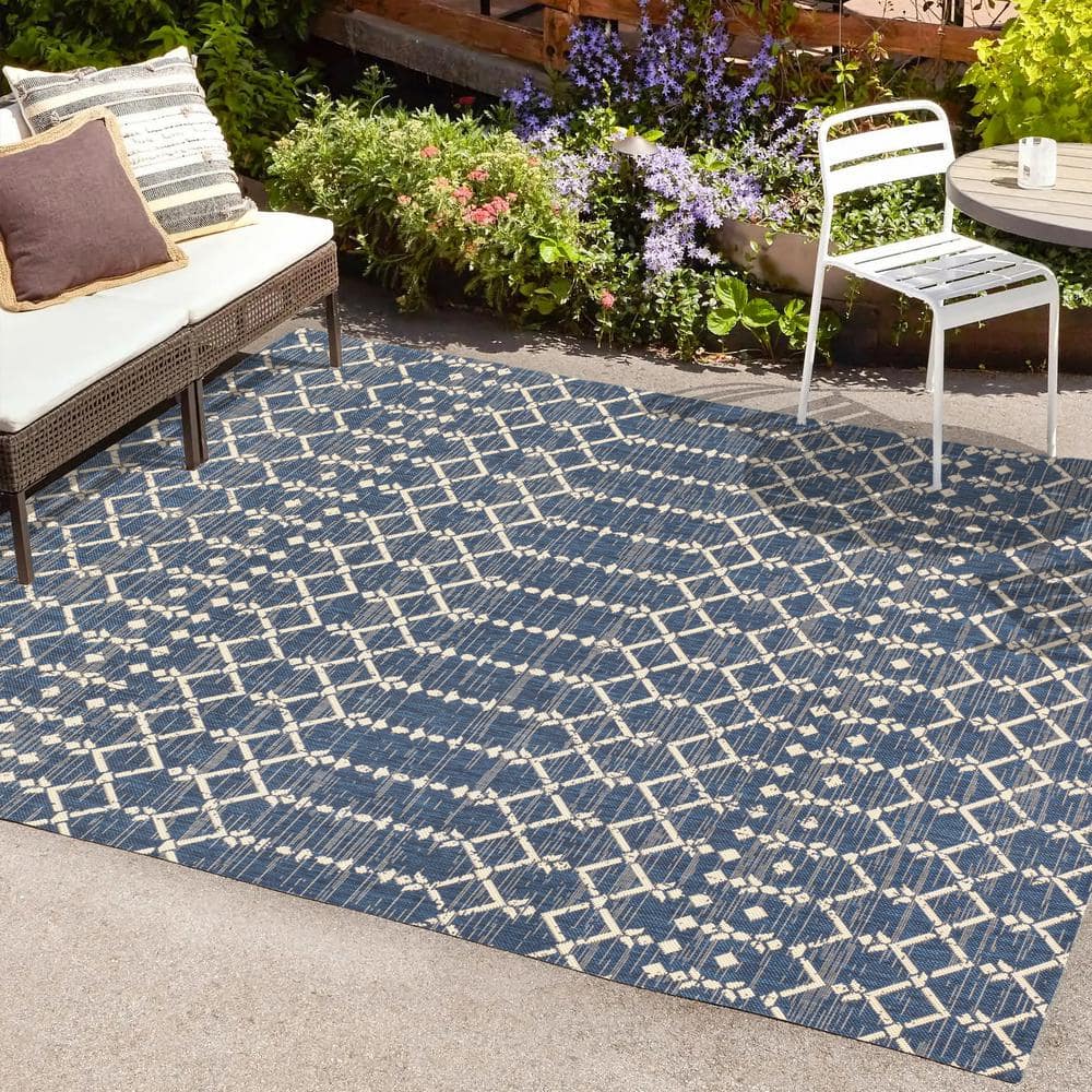 Ourika Moroccan Geometric Textured Weave Navy/Beige 5 ft. x 8 ft. Indoor/Outdoor Area Rug