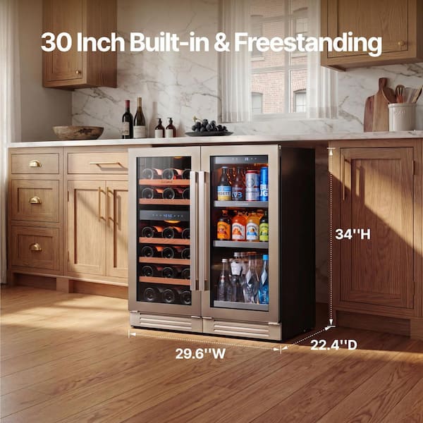 30 in. Triple Zone 28-Wine Bottles 100-Cans Beverage and Wine Cooler Side-by-Side Refrigerator Low Noise Fridge in Black