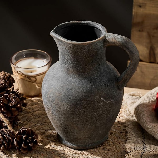 8.1 in. Rustic Farmhouse Ceramic Vase Bottle w/ Handle in Black and Gold, Waterproof Cylinder Vase for Flowers and Home