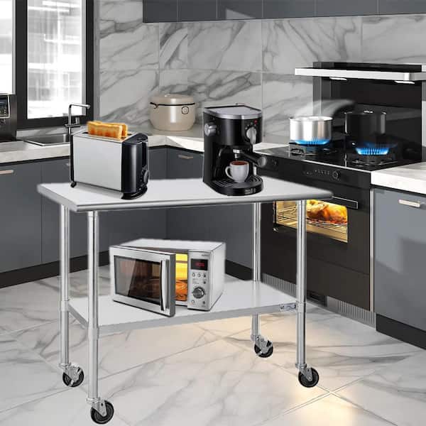 FAMYYT Silver Stainless Steel 48 in. Kitchen Prep Table with Adjustable Galvanized Legs & 360° Caster Wheels