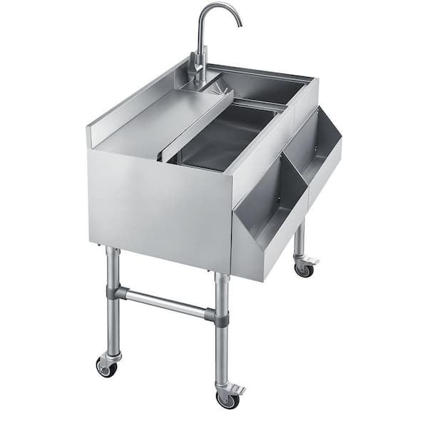 Commercial Ice Bin with Sink and Faucet 24 x 19 x 35 in. Stainless Steel w/ Sliding Lid 60 qt. Single Bowel Freestanding