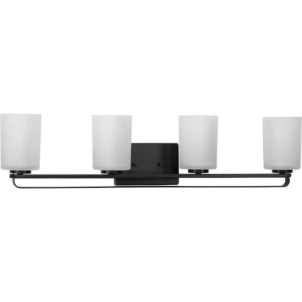 Progress Lighting League Collection 4-Light Matte Black Etched Glass Modern Farmhouse Bath Vanity Light
