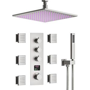 Thermostatic 7-Spray Ceiling Mount 12 in. Square Shower Head with 3-color LED and Valve in Brushed Nickel