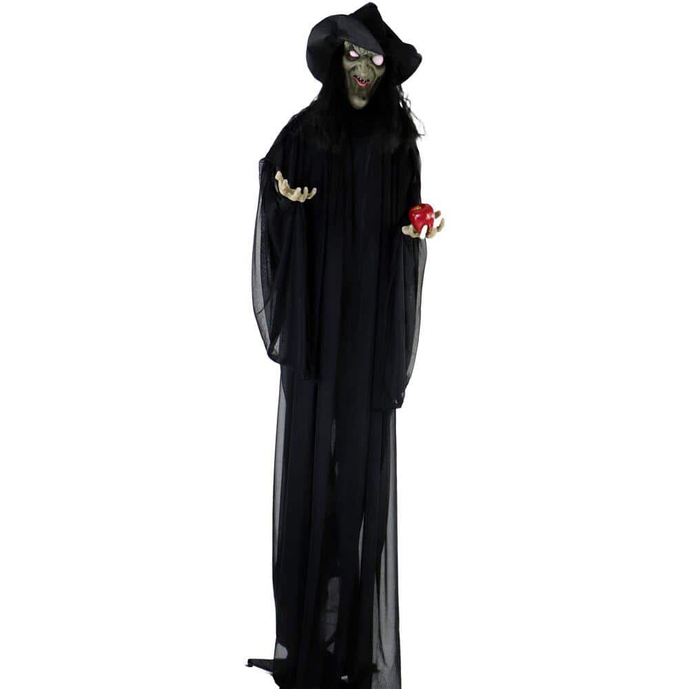 Life-Size Black Polyester Witch Animatronic with Red Apple