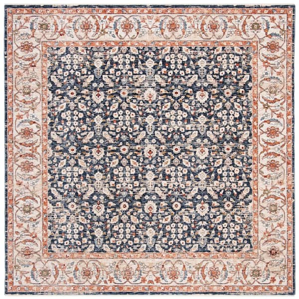 Heirloom 7 ft. x 7 ft. Navy/Beige Border Distressed Ornate Square Area Rug