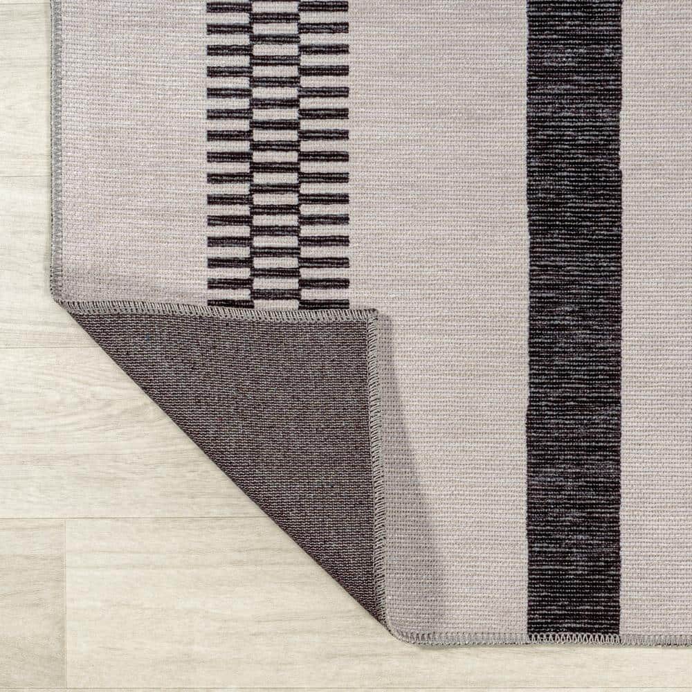 Modern Handcrafted Cream/Black Stripe Synthetic 9' x 12' Area Rug