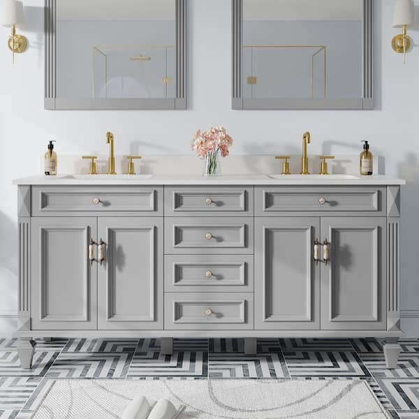 ANGELES HOME 72 in.W x 22 in.D x 35 in.H Solid Wood Certified Double Sink Bath Vanity in Grey Stain-resistant Quartz Top,Soft-Close