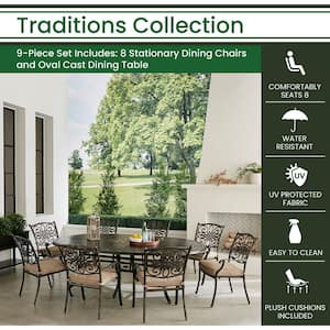 Traditions 9-Piece Aluminum Outdoor Dining Set with Tan Cushions, 8 Stationary Chairs and Oval Cast Table
