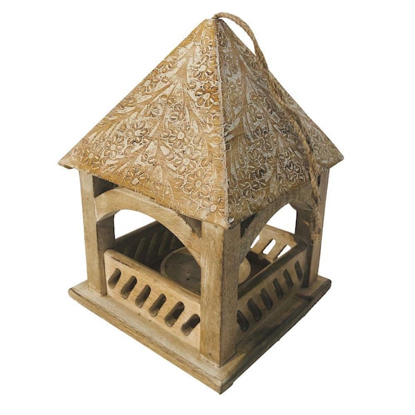 THE URBAN PORT Brown Floral Engraved Decorative Temple Top Mango Wood Hanging Bird House with Feeder