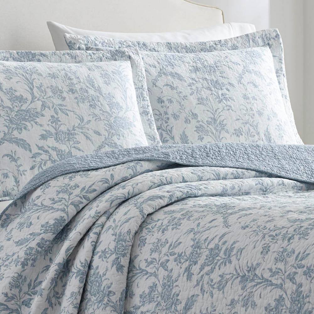 Blue Floral Twin Cotton Reversible Quilt Set with Sham