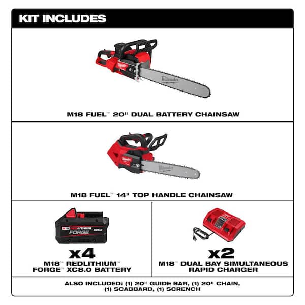 M18 FUEL 18V Brushless Cordless 20 in. Dual Battery Chainsaw Kit w/ Top Handle Chainsaw, (4) 8.0 Ah Battery, Charger