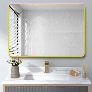 24 in. W x 32 in. H Rectangular Non-Rusting Aluminium Framed Rounded Corner Wall Bathroom Vanity Mirror in Gold