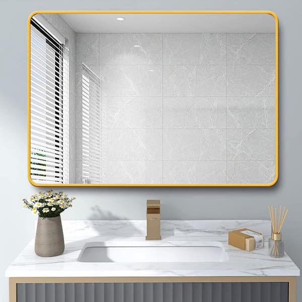 ANGELES HOME 24 in. W x 32 in. H Rectangular Non-Rusting Aluminium Framed Rounded Corner Wall Bathroom Vanity Mirror in Gold