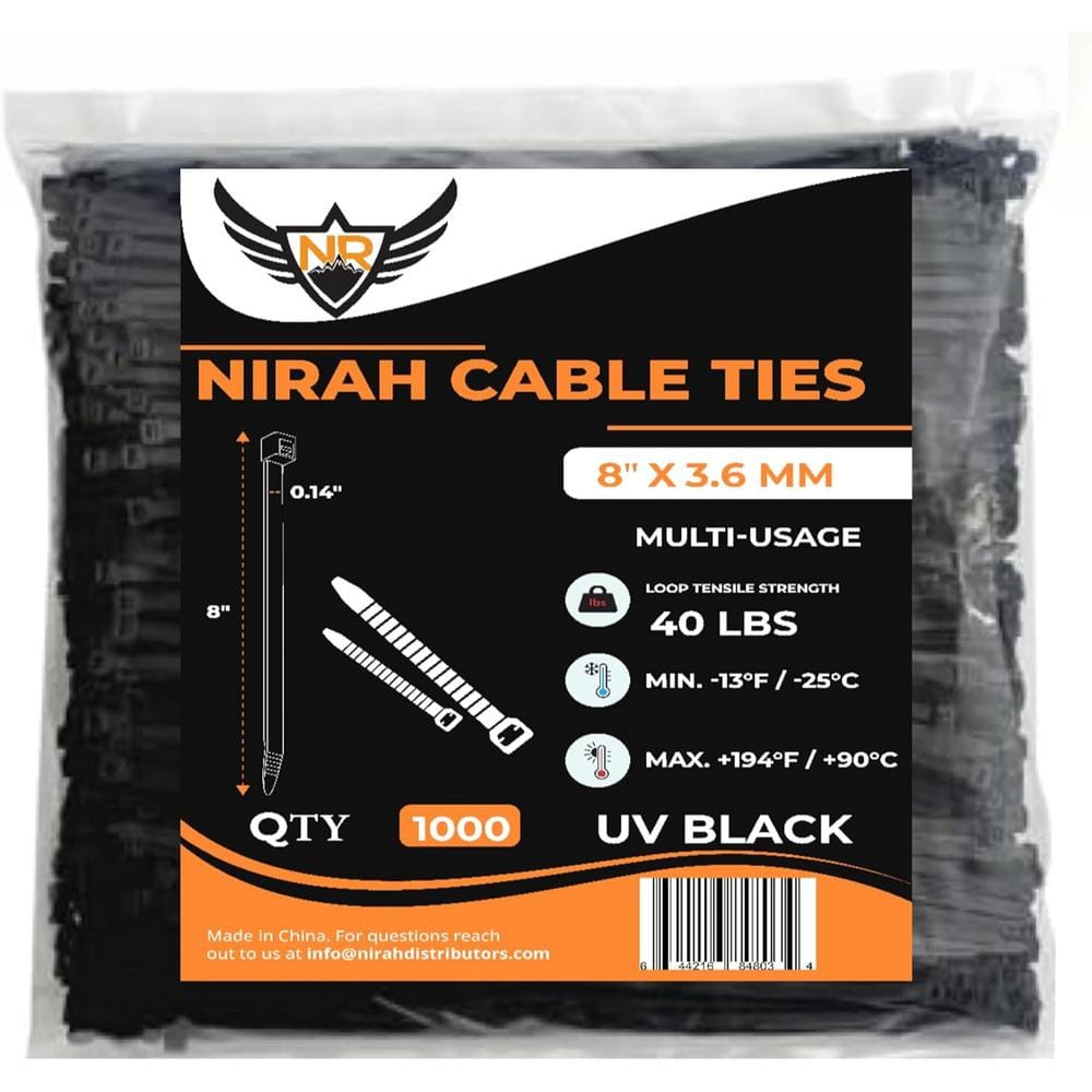 1000Piece 8 in. Heavy Duty UV Resistant Nylon Cable Zip Ties with 40lb Tens