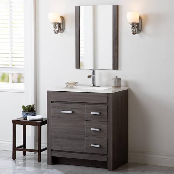 Home Decorators Collection Warford 30 in. W x 19 in. D x 33 in. H Single Sink Freestanding Bath Vanity in Dark Oak with White Cultured Marble Top