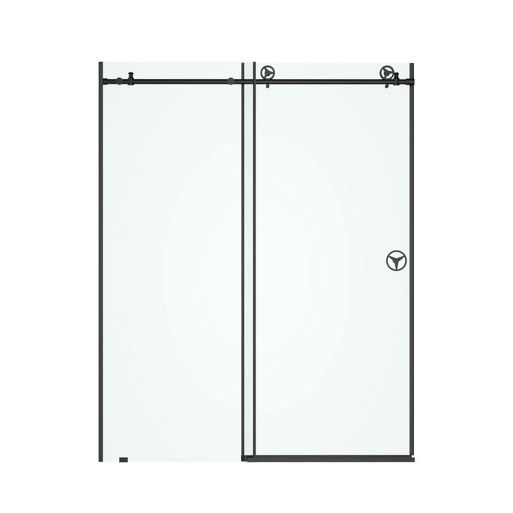 60-Inch Matte Black Frameless Sliding Shower Door with Clear Glass