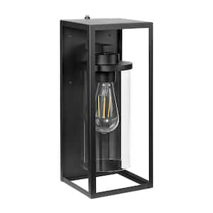 LED Outdoor Wall Sconce Black Rectangular Fixture w/Clear Glass Cylinder Dusk to Dawn Sensor, Bulb Not Included