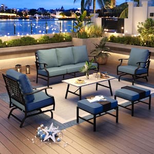 Black Meshed 7-Seat 6-Piece Metal Outdoor Patio Conversation Set with Denim Blue Cushions, Table with Marble Pattern Top