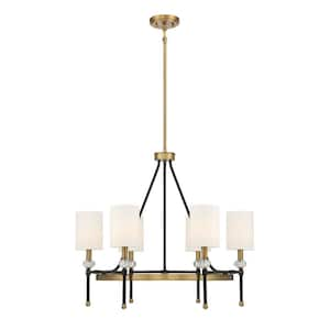 Tivoli 28 in. W x 24 in. H 6-Light Matte Black and Warm Brass Accents Chandelier with White Fabric Shades and Crystals