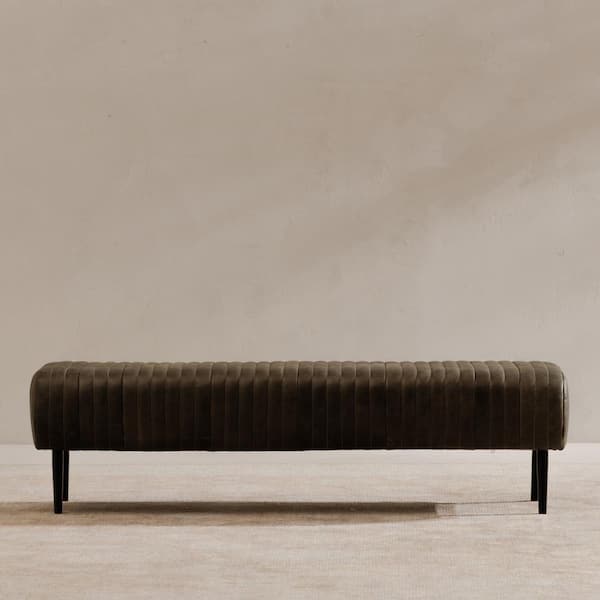 NADAAL STUDIOS Elton Charred Olive 59 in. Leather Bench with Matte Brass Iron Legs