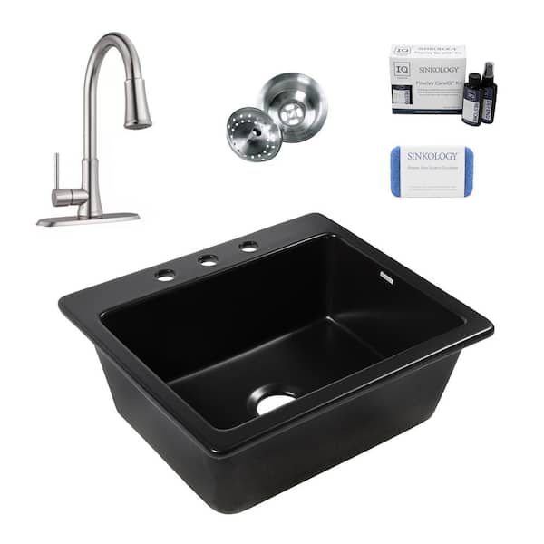 SINKOLOGY Jackson 25 in. 3-Hole Drop-In Single Bowl Matte Black Fireclay Kitchen Sink with Pfirst Faucet Kit