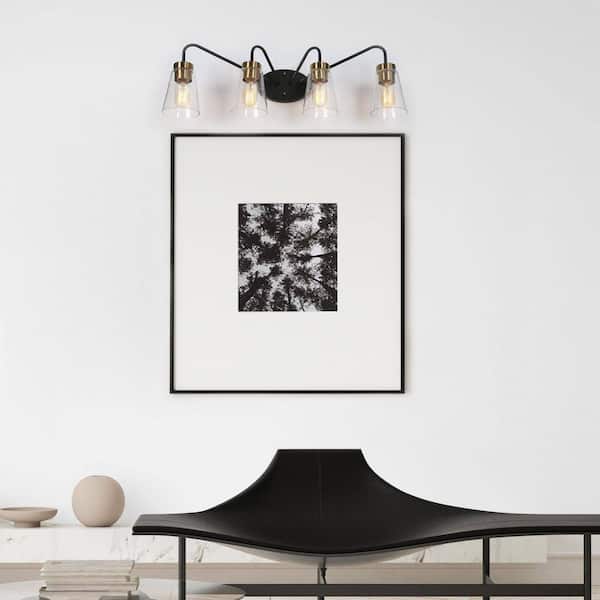 Vintage 28.5 in. 4-Light Black Industrial Bathroom Vanity Light, Brass Gold Bath Lighting with Cone Seeded Glass Shades
