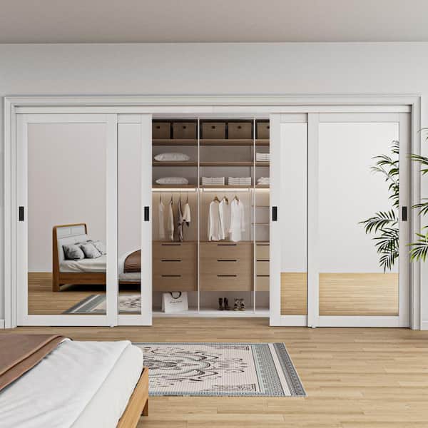ARK DESIGN 144 in. x 80 in. Solid Core 1-Lite Mirror White Primed MDF Interior Closet Sliding Door with Hardware and Black Handle