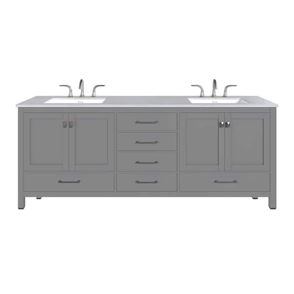 Aberdeen 84 in. Double Sink Gray Bath Vanity with White Carrara Quartz Top (Assembled)