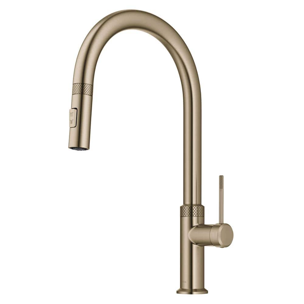 KRAUS Oletto Modern Industrial Pull-Down Single Handle Kitchen Faucet in Brushed Gold -  KPF-2654BG