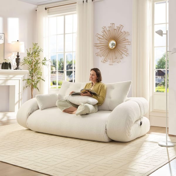 Beige 78.7 in. Multi-Functional 3-in-1 Teddy Polyester Fabric Foam-Filled Full Size Foldable Sofa Bed, Human Dog Bed