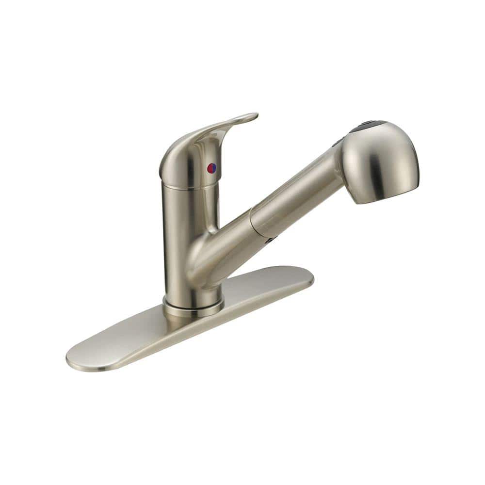 EZ-FLO Prestige Brushed Nickel 1-Handle Deck-Mount Pull-Out Handle Kitchen Faucet (Deck Plate Included) EZ-FLO Prestige Brushed Nickel 1-Handle Deck-Mount Pull-Out Handle Kitchen Faucet (Deck Plate Included)