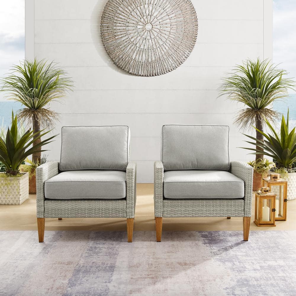 Gray Wicker Outdoor Accent Chairs with Cushions, 2-Piece Set