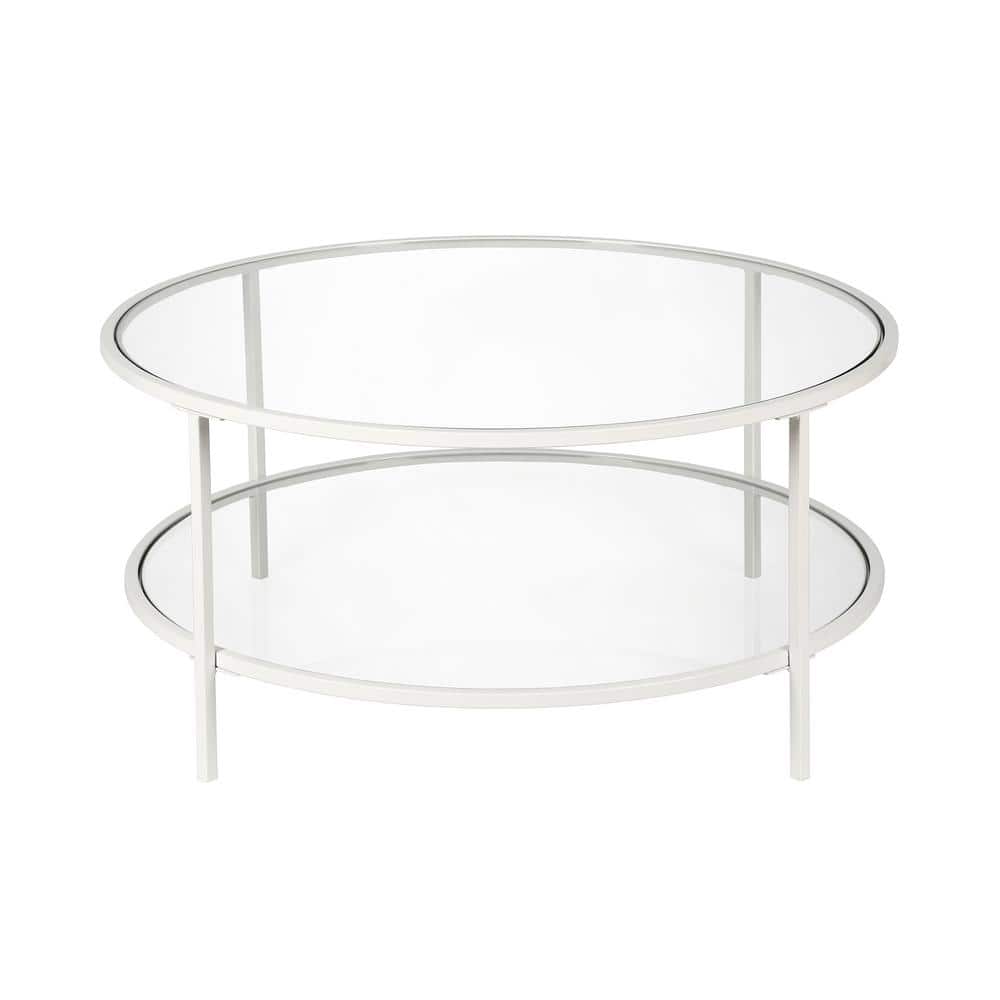 White Round Glass Coffee Table with Shelf