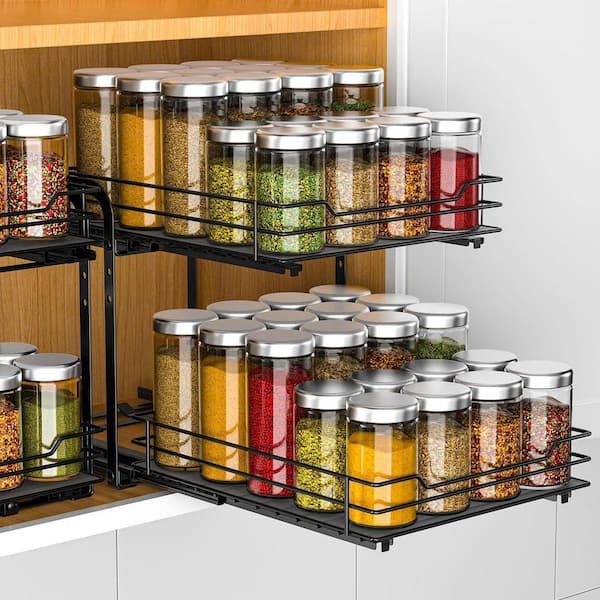 2 Tier Black Pull Out Cabinet Organizer Adjustable Heavy Duty Metal Spice Rack Shelf for Kitchen Pantry
