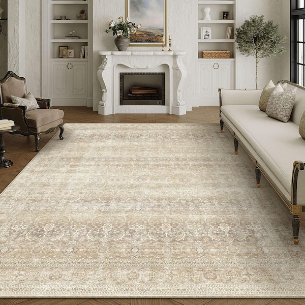 Holly Beige 9 ft. x 12 ft.  Distressed Vintage Floral Area Rug