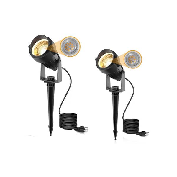 IP66 600 Lumens Black Plug-in Integrated LED Outdoor Spotlight with Dusk to Dawn Feature in Soft White Light (2-Pack)