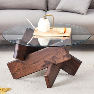 33.4 in. Transparent, Walnut Round Glass Coffee Table