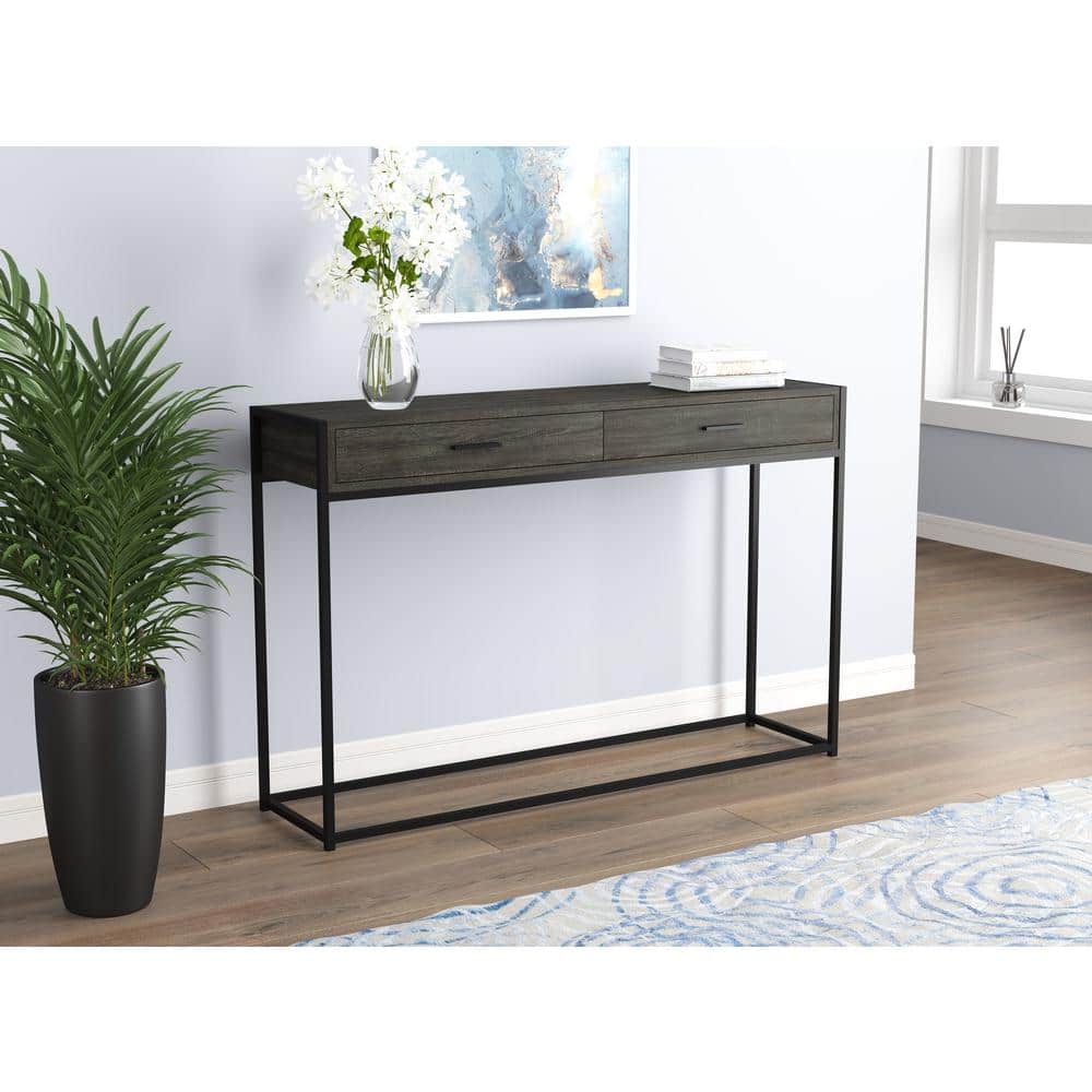 Modern Black Metal and Dark Grey Wood Console Table with Storage