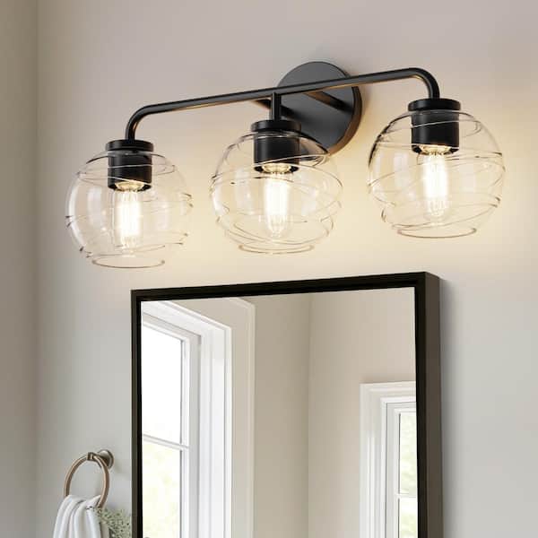 YANSUN 23 in. 3-Light Black Vanity Light with Clear Globe Glass Shades for Bathroom, Living Room, Entryway