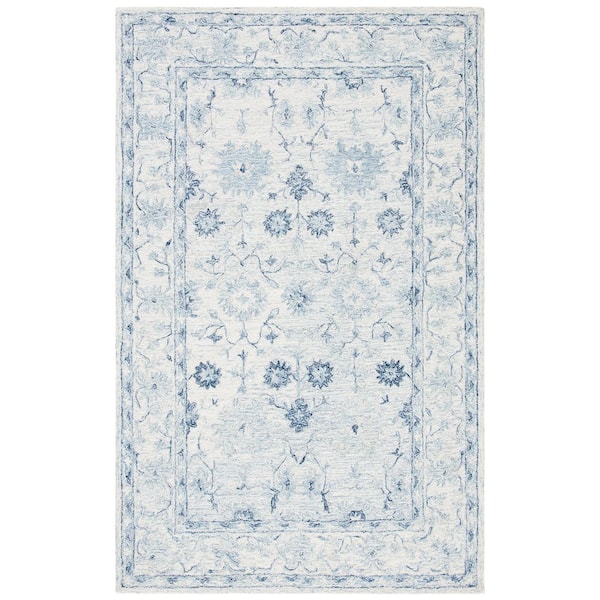 SAFAVIEH Micro-Loop Blue/Ivory 4 ft. x 6 ft. Border Floral Area Rug