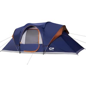 Blue 9 Person Camping Tents, 2 Room Water Resistant Family Tent with Top Rainfly, 4 Large Mesh Windows, Double Layer