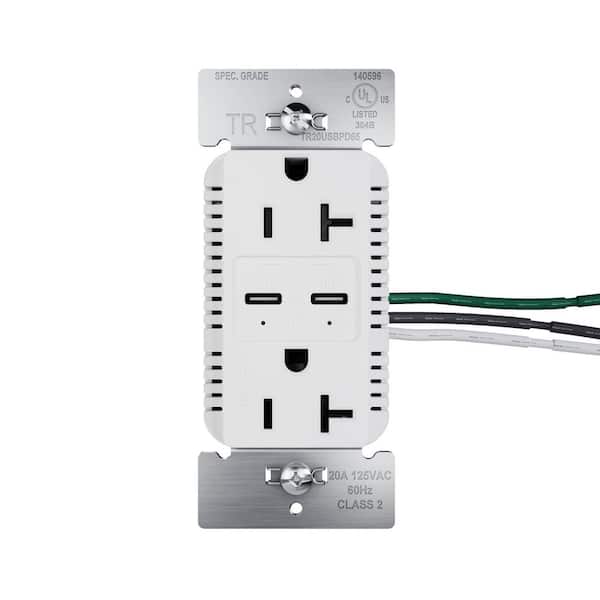 20A Tamper Resistant 65W Commercial Grade Power Delivery USB Type C Duplex Outlet White