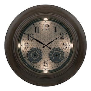 21 in. Brushed Brown Indoor/Outdoor Lighted Leaves Quartz Analog Clock with Temp and Humidity