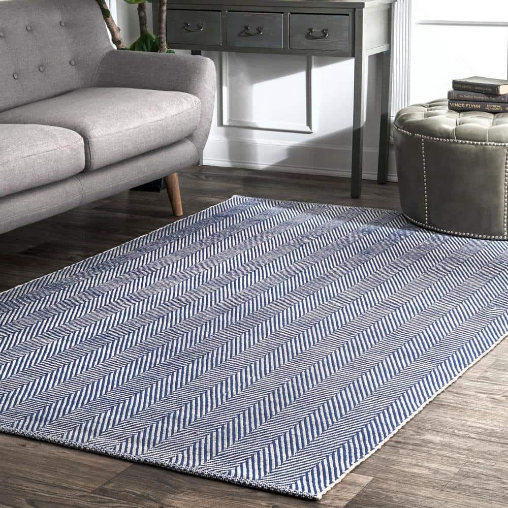 Hand Loomed Navy Herringbone 8' x 10' Wool Area Rug