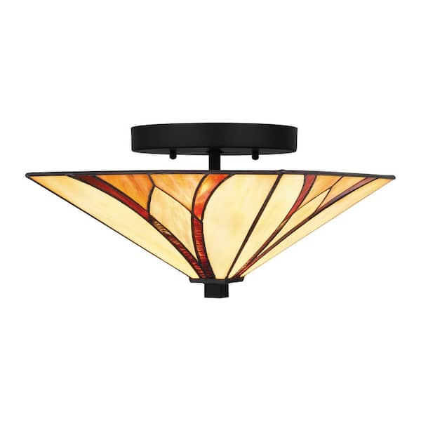 Home Decorators Collection Margrave 12 in. 2-Light Matte Black Semi-Flush Mount with Tiffany Glass Shade