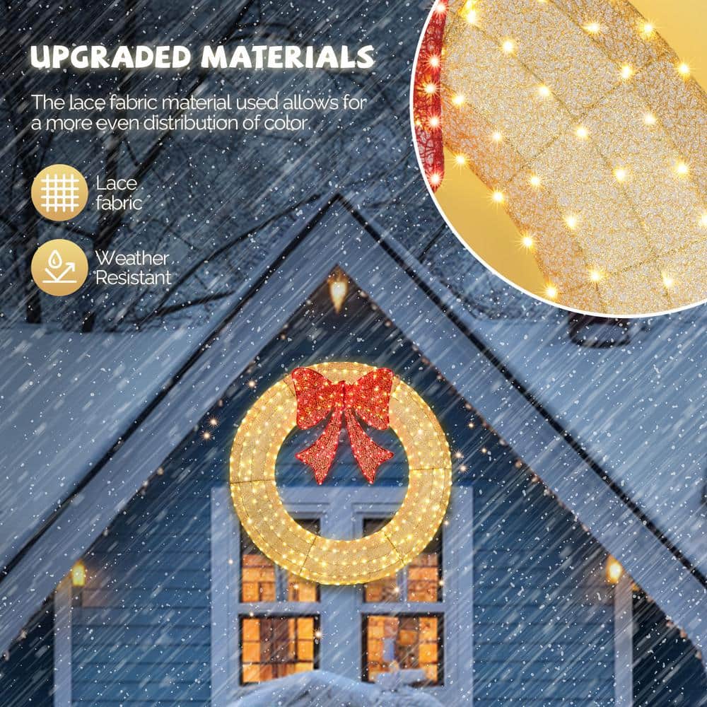 48in Gold LED Pre-Lit Outdoor Christmas Wreath with Red Bow